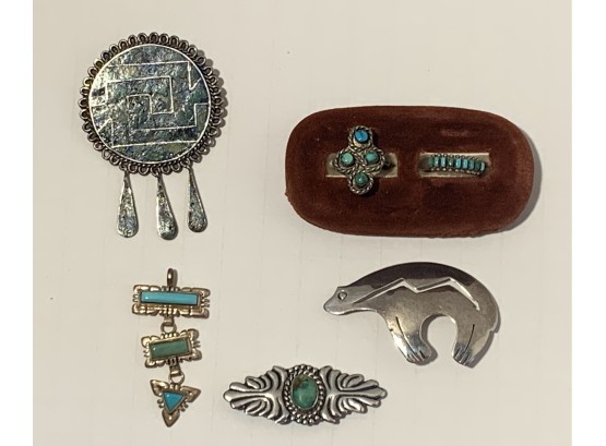 6 Pieces Of Vintage Southwest Silver & Turquoise Jewelry ( FREE SHIPPING )