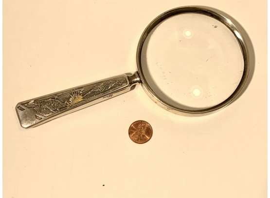 Vintage Sterling Magnifying Glass With  Embossed Pheasents  ( FREE SHIPPING )