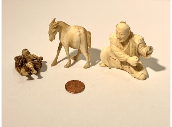 Lot Of 3 Antique Carved Asian Figures, 1 Netsuke. ( FREE SHIPPING )