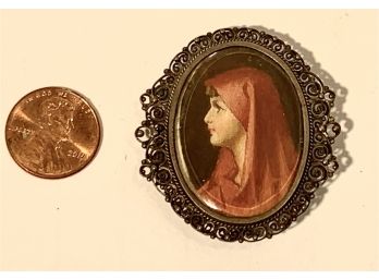 Antique Italian Miniature Portrait On Ivory In 800 Silver Pin  (FREE SHIPPING)