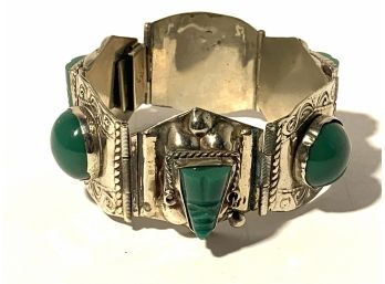 Vintage Heavy Taxco Sterling Brace With Carved Green Stones ( FREE SHIPPING )