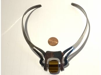 Heavy Vintage Taxco Sterling Necklace  Choker With Large Tiger Eye Stone (FREE SHIPPING)