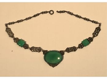 Vintage Sterling Peking Glass Edwardian  Necklace  With Marcasite ( FREE SHIPPING )