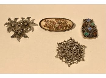 4 Exceptional Vintage Sterling & Porcelain Pins ( FREE SHIPPING )
