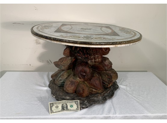 Antique Italian Petra Dura Marble Top Table With Hand Carved Base