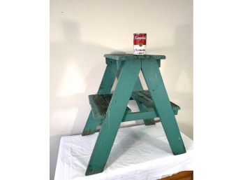 Vintage Crusty Green Painted Folky Step Stool Plant Stand
