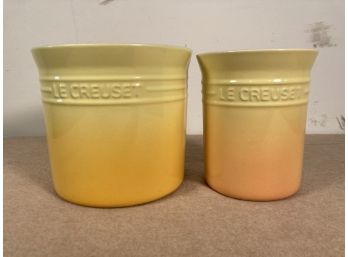 Set Of 2 Le Creuset Stoneware Utencil Crocks Dijon Yellow LIKE NEW (B)