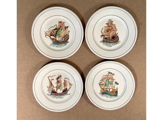 4 Wedgwood Polychrome Hand Painted Ships Plates 9 Diameter,  Vintage 1930s