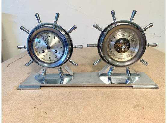 Vintage Salem Brass / Chrome Plated Ships Clock & Barometer