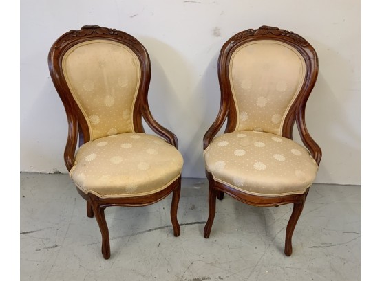 Pair French Style Victorian Walnut Occasional Upholstered Chair With Carved Tops