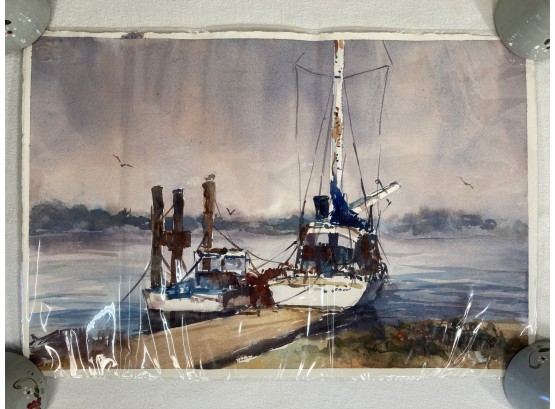 Maureen Wilkinson Watercolor Dockside Scene