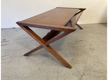 Mid-Century Walnut Coffee Table With X Base Magazine Rack