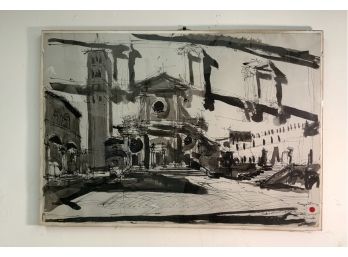 Vintage Piazza St. Lorenzo Abstract Watercolor And Ink On Paper Mounted Behind Glass Signed
