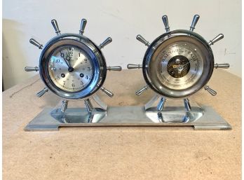 Vintage Salem Brass / Chrome Plated Ships Clock & Barometer