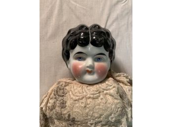 Antique Porcelain Head Doll With Old Hand Made Clothes