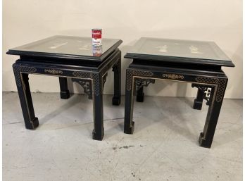 Pair Of Vintage Chinese Chippendale Lacquered Ends Tables