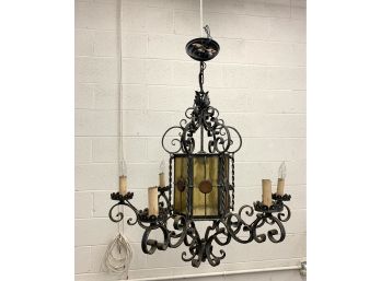 Handcrafted Vintage Wrought Iron & Stain Glass Chandelier