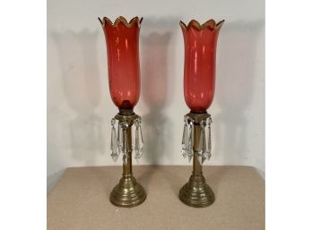 Pair Tall Antique Cranberry Glass Hurricane Candle Lamps Dated 1833