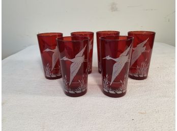 6 Mid Century Duck Decorated Ruby Red Glasses