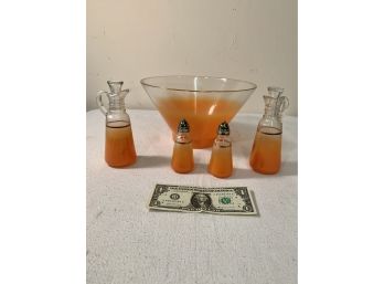 Mid Century Atomic Orange Bowl & Cruets, Salt & Prpper Shaker