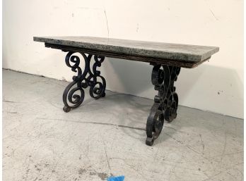 Vintage Granite Top Garden Table / Bench Wrought Iron Base