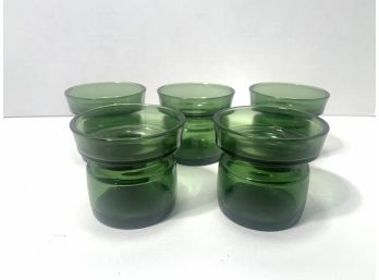 SET OF 5 DANSK GREEN GLASS CANDLE VOTIVE HOLDER VASE, SIGNED MID CENTURY VINTAGE