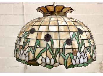 Antique Leaded Stain Glass Hanging Lamp Water Lillies