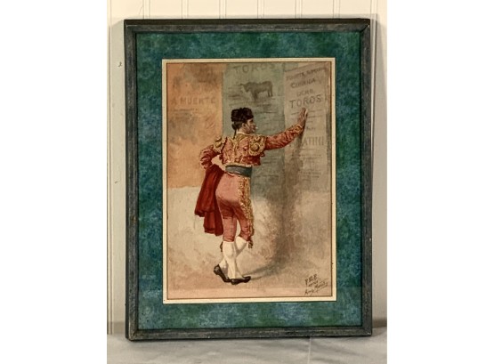 Antique Watercolor Of A Spanish Matador Reading A Bull Fighting Poster, Signed