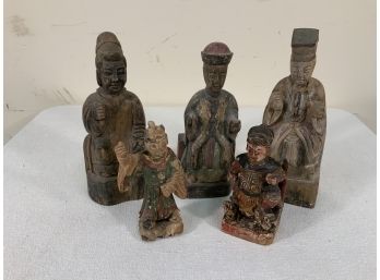 5 Hand Carved Chinese Wood And Painted Figures