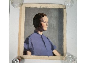 1950s Vintage Oil On Canvas Portrait Of A Young Girl In A Blue Dress