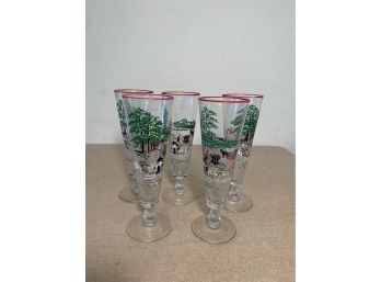 5 Mid Century Tall Pilsner Decorated Beer Glasses