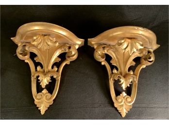 Pair Antique Carved & Gilded French Display Shelves Louis XV
