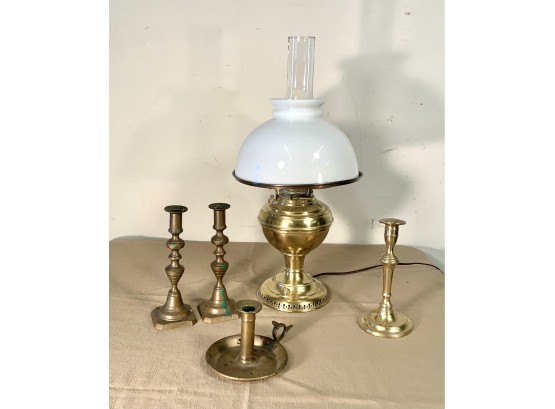 Lot Of Antique Brass Lamp & Candlesticks