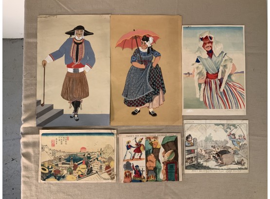 6 Pieces Of Antique & Vintage Artwork On Paper Not Framed
