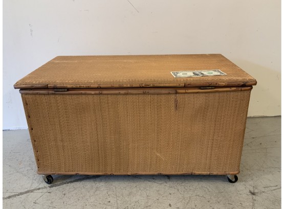 Antique Bamboo Covered Rolling Storage Trunk/ Coffee Table
