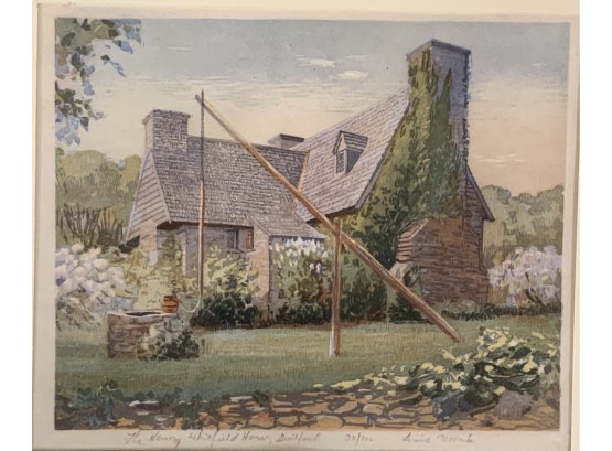 Vintage Hand Colored Woodcut By Louis Novak, Whitfield House Guilford Ct