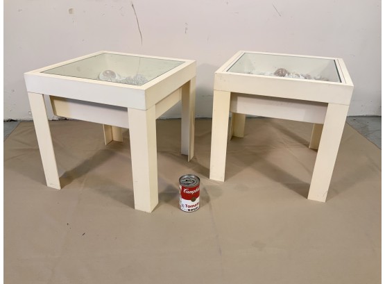 Pair KARTEL Mid Century Plastic Display Tables With Exotic Shells Heavy Glass Tops