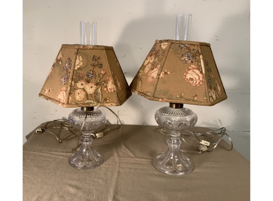 2 Antique Kerosene Pattern Glass Lamps Converted To Electric