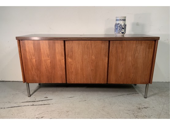 Jens Risom Mid Century Modern Teak Credenza With Laminate Top & Polished Steel Legs