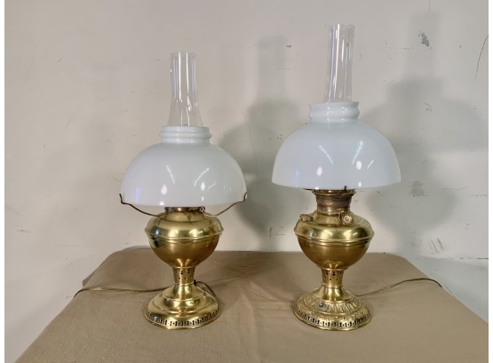 2 Antique Brass  Oil Converted Electric Table Lamps