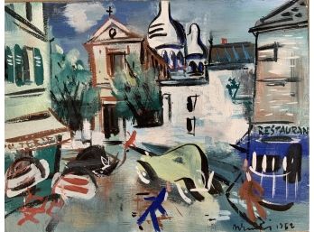 Original Paris Street Scene Gouache Painting Dated 1952 Signed