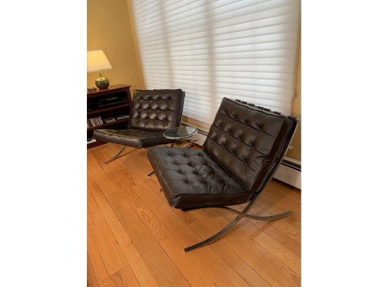 Pair Vintage Barcelona Chairs With Dark Chocolate Leather Upholstery