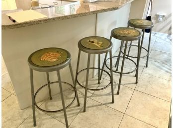 4 Mid Century  Industrial Counter Stools With Hand Painted Sea Shell