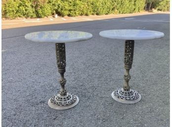 Pair Of Pierced Brass & Marble Top Side Tables