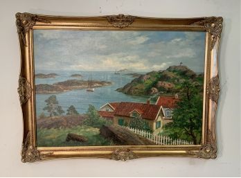 Oil Painting Signed  F. Lunde Harbor Scene