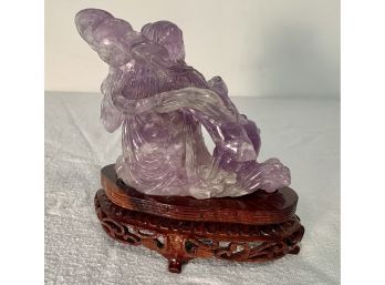 Vintage Asian Amethyst Rock Crystal Carving With Exotic Mahogany Stand