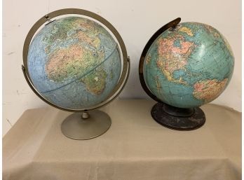 2 Vintage Desk Top Globes On Stands