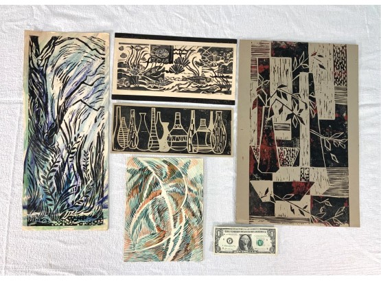 5 Mid Century Linoleum Prints Attributed To Barbara Dahlin
