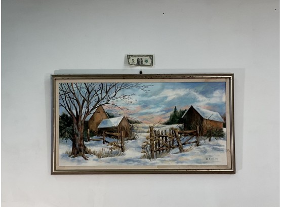 Original Oil On Canvas Painting Of A Farm In Winter In Killingworth, CT, Measurements: 39 Wide X 21 High
