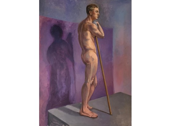 Original Oil On Canvas Painting Of A Young Nude Man With Staff